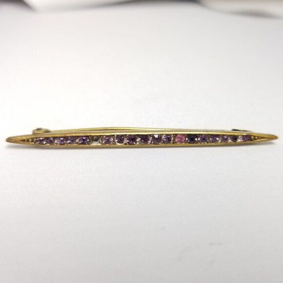 Vintage Skinny Pink Purple Rhinestone Bar Brooch, Gold Tone Setting, Estate - Picture 7 of 8